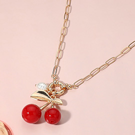 Cherry Pearl Pendant Paperclip Chain Necklace