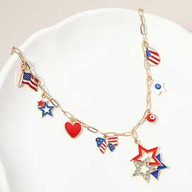 Enamel American USA Flag Bow Heart Star Evil Eye Charm Station Paperclip Chain Necklace