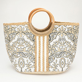 Floral Print Round Wooden Handle Straw Tote Bag