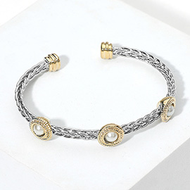 Pearl Cluster Station Two Tone Metal Braided Cuff Bracelet