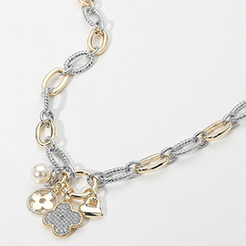 14K Gold Plated CZ Stone Paved Quatrefoil Pearl Metal Heart Pendant Two Tone Chunky Chain Necklace