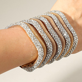 Stone Paved Metal Mesh Chevron Wide Cuff Bracelet
