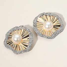 Pearl Pointed Stone Paved Rim Flower Earrings