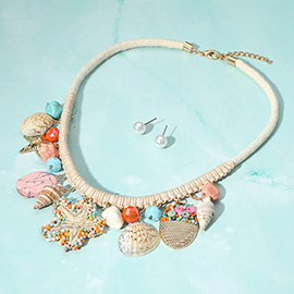 Boho Beaded Starfish Sea Shell Faceted Beads Charm Threaded Statement Necklace