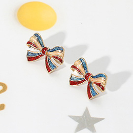 Glittered Enamel American USA Bow Stud Earrings