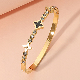 Stainless Steel Triple Clover Stone Bezel Pointed Hinged Bangel Bracelet