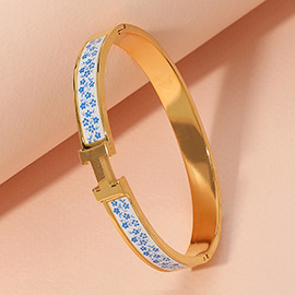 Stainless Steel Monogram H Flower Print Hinged Bracelet