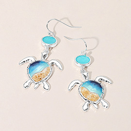 Enamel Sea Turtle Sea Glass Link Dangle Earrings