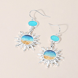 Enamel Burning Sun Sea Glass Link Dangle Earrings