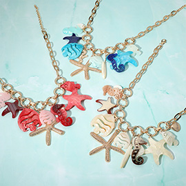 Celluloid Acetate Seahorse Starfish Fish Metal Shell Charm Station Statement Necklace