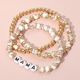 3PCS - MAMA Message Ceramic Ball Metal Heart Ball Beaded Stretch Multi Layered Bracelets