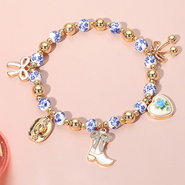 Enamel Bow Western Cowboy Boot Hat Heart Charm Ceramic Ball Beaded Stretch Bracelet