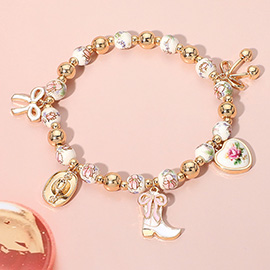 Enamel Bow Western Cowboy Boot Hat Heart Charm Ceramic Ball Beaded Stretch Bracelet