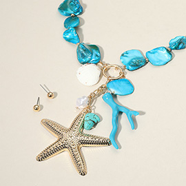 Starfish Pendant Pointed Coral Pearl Charm Statement Necklace