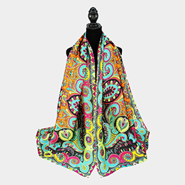 Abstract Paisley Pattern Printed Oblong Silky Satin Scarf Shawl