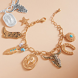 Western Cowboy Boot Hat Steer Head Horseshoe Star Charm Station Bracelet