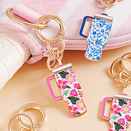 Enamel Floral Pattern Tumbler Back Engraved Keychain / Bag Charm