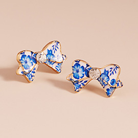 Stone Pointed Enamel Floral Pattern Bow Stud Earrings