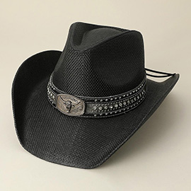 Antique Metal Steer Head Pointed Leather Band Western Straw Cowboy Fedora Hat