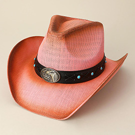 Antique Metal Eagle Buckle and Turquoise Studded Leather Band Western Straw Cowboy Fedora Hat