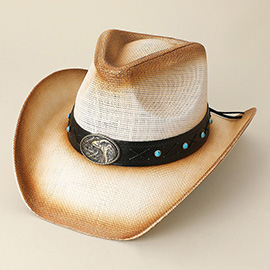 Antique Metal Eagle Buckle and Turquoise Studded Leather Band Western Straw Cowboy Fedora Hat