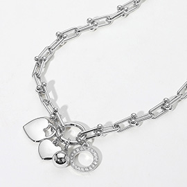 14K Gold Plated CZ Stone Paved Circle Ball Heart Charm Pendant Industrial Chain Necklace