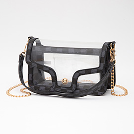 Faux Leather Checkered Printed Pointed Transparent Flap Crossbody Bag / Handbag