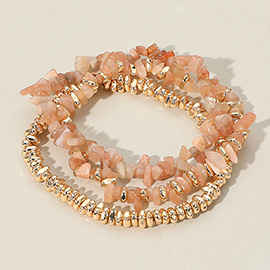 3PCS - Natural Stone Metal Beaded Stretch Multi Layered Bracelets