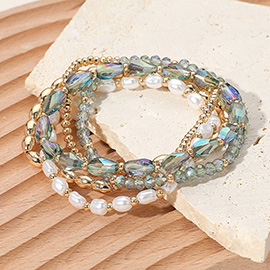 5PCS - Pearl Metal Faceted Beaded Stretch Multi Layered Bracelets
