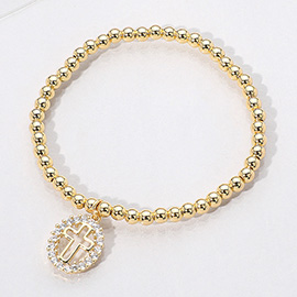 Stainless Steel Oval Cross Charm Beaded Stretch Bracelet