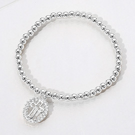Stainless Steel Oval Cross Charm Beaded Stretch Bracelet