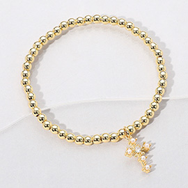 Stainless Steel Ball Pearl Cross Charm Beaded Stretch Bracelet