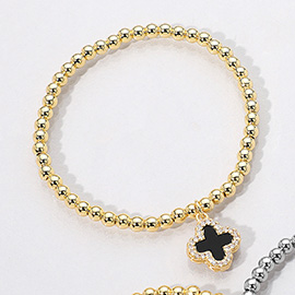 Stainless Steel Quatrefoil Charm Beaded Stretch Bracelet