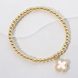 Stainless Steel Mother of Pearl Quatrefoil Charm Beaded Stretch Bracelet
