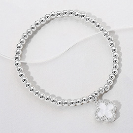 Stainless Steel Mother of Pearl Quatrefoil Charm Beaded Stretch Bracelet