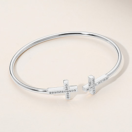 Stainless Steel Stone Paved Cross Tip Cuff Bracelet