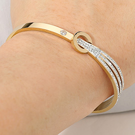 Stainless Steel Stone Paved Multi Row Accent Hinged Bangle Bracelet