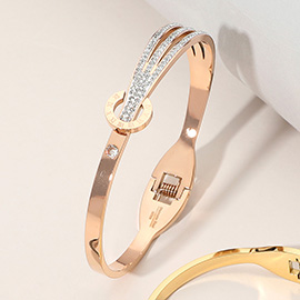 Stainless Steel Stone Paved Multi Row Accent Hinged Bangle Bracelet
