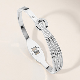 Stainless Steel Stone Paved Multi Row Accent Hinged Bangle Bracelet