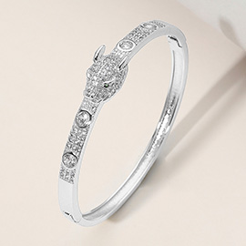 Stainless Steel Stone Paved Leopard Panther Head Pointed Hinged Bangle Bracelet