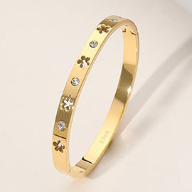 Stainless Steel Stone Paved Open Flower Cutout Hinged Bangle Bracelet