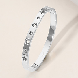 Stainless Steel Stone Paved Open Flower Cutout Hinged Bangle Bracelet