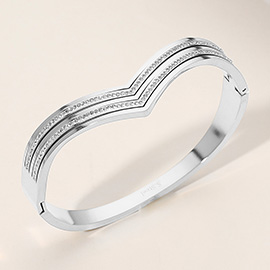 Stainless Steel Stone Paved Chevron Hinged Bangle Bracelet