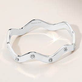 Stainless Steel Stone Paved Wavy Hinged Bangle Bracelet