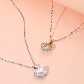 Reversible Stainless Steel Stone Paved Heart Pendant Necklace