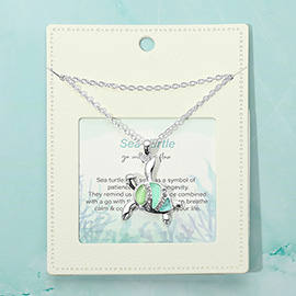 Sea Glass Stone Paved Sea Turtle Message Pendant Necklace
