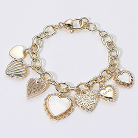 14K Gold Plated CZ Stone Paved Mother of Pearl Heart Charm Station Bracelet
