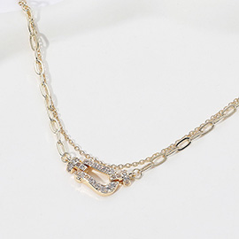 14K Gold Plated CZ Stone Paved Buckle Pointed Paperclip Chain Layered Necklace