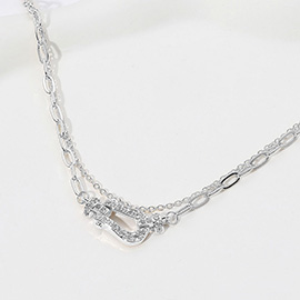 14K Gold Plated CZ Stone Paved Buckle Pointed Paperclip Chain Layered Necklace