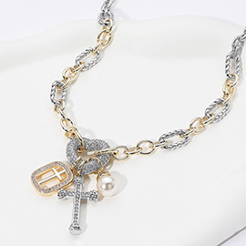 Two Tone 14K Gold Plated CZ Stone Paved Heart Ring Cross Pearl Charm Pendant Necklace